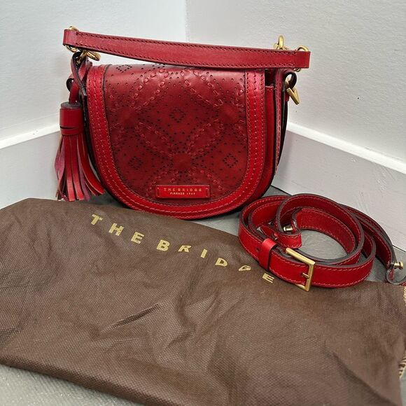 THE BRIDGE Firenze Pearldistrict Red Perforated Leather Tassel Crossbody Bag - Picture 1 of 16